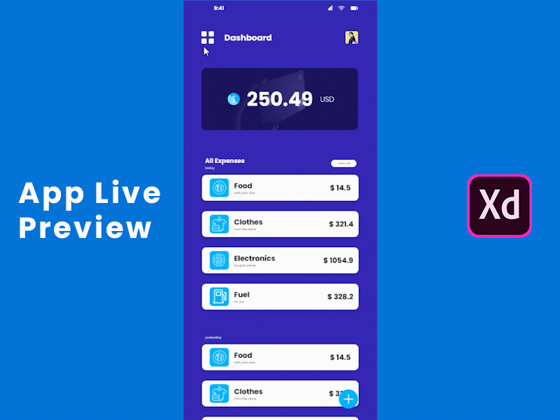 Expense Tracker XD App Live Preview