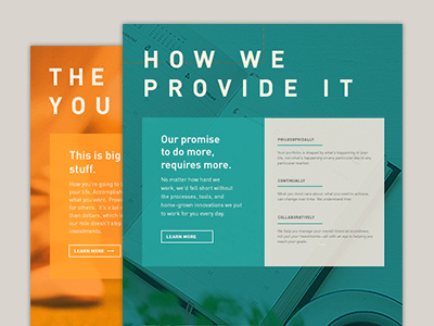 Homepage Design Round 2 - Full View blue boxes grid interactive orange photos turquoise typography ui web design website