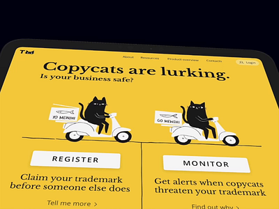 Trademarking landing page animation cartoon cat copycat home page design landing page tablet design trademark yellow