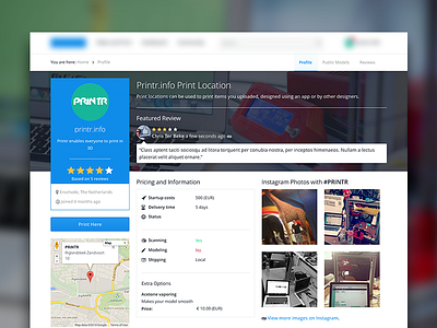 3D Printing Service Profile Page 3d printing clean flat location platform profile ui webdesign website