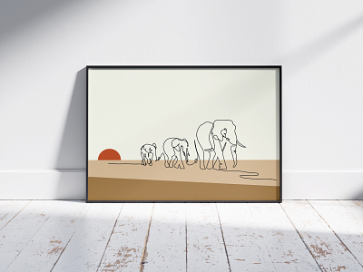 Continuous line drawing of a family elephant africa art brown coloured continuous line drawing decor design elephant elephants family graphic design illustration india line art poster single line drawing sun vector