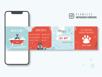 Seamless instagram carousel for grooming salon branding breed cartoon design dog dog bath ear cleaning flat graphic design grooming salon haircut illustration nail trims pet red schnauzer seamless instagram carousel turquoise vector