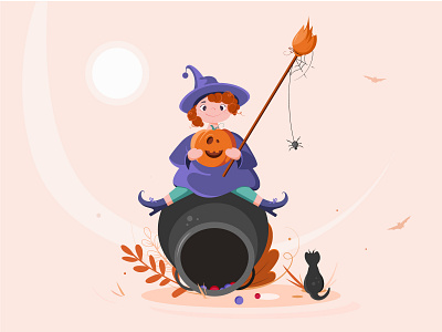 Сute vector witch in cartoon style art autumn broom cartoon coloured design fall funny girl graphic design halloween illustration leaves little orange pumpkin spider vector web witch