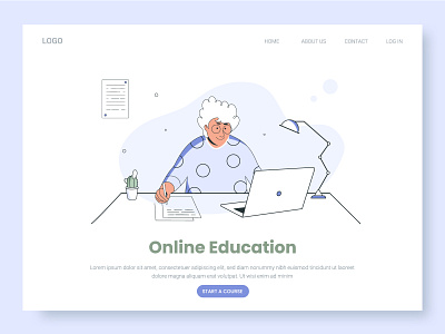 Online Education coloured computer course design desk education grandmother graphic design illustration lamp landin page learn old online studying university vector writing
