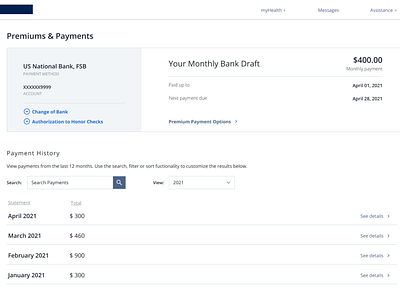Health Insurance Portal, Premiums & Payments page