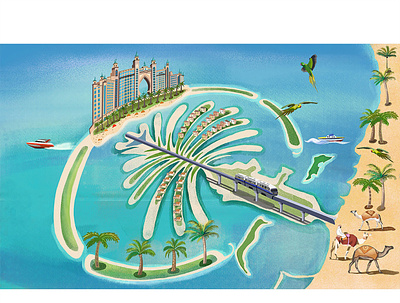 Palm Jumeirah, United Arab Emirates bookillustration branding design digitalart dubai graphics holiday illustration islands lifestyle nft palmtree travel united arab emirates.