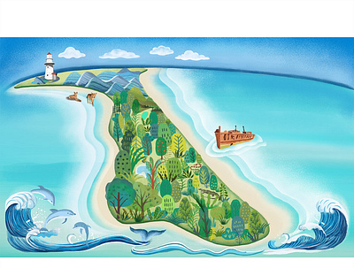 Islands:Fraser Island, Australia beach blue book branding childrensbook design digitalart dolphin forest fraserisland graphics illustration islands lifestyle lighthouse ocean ui visualstory wave wildanimals