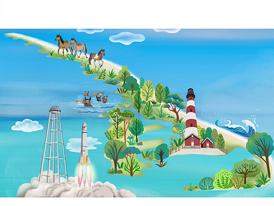 Islands:Assateague & Chincoteague Islands USA beach bookillustration branding childrensbook design digitalart graphics holiday horse illustration island lifestyle nft nonfictionbook ocean travel trees ui visualstory