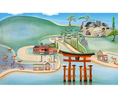 Islands: Miyajima Japan architecture bookillustration branding city deer design digitalart graphics hiking illustration illustrator island japan lifestyle miyajima nft temple travel tree ui