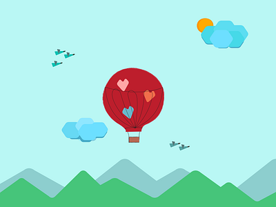 Up In The Sky birds clouds fly geometry hot air balloon illustration mountains romance sky sun ui vector