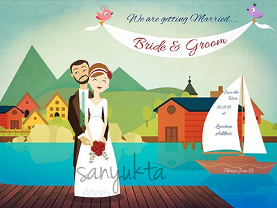 Bride N Groom birds bride couple groom illustration invitation lake nordic romantic scenic vector wedding
