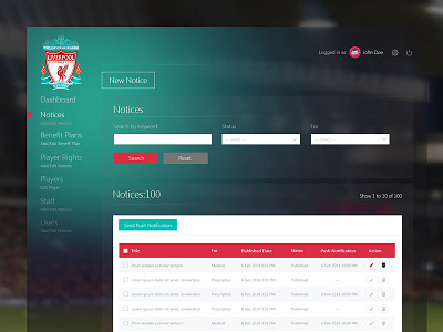 Liverpool Player Admin admin black dashboard red ui ux