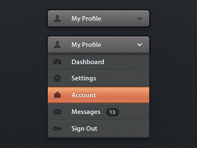 Dropdown account active app button dark down dropdown hover icons orange profile settings sign out ui ux web website