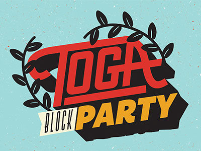 Toga Party ben blanchard black blue branding collage event party poster red toga type yellow