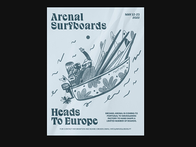 A Poster for Arenal Surfboards black blue california drawing illustration ink layout pencil portugal poster print surf surfing type typography white