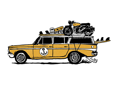 Wagon Weekend black california car iron and resin motorcycle surf surfboard surfer weekend yellow