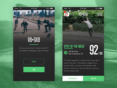 R8 SK8 Mobile App Concept app application green hero mobile ranking score skateboard skateboarding video