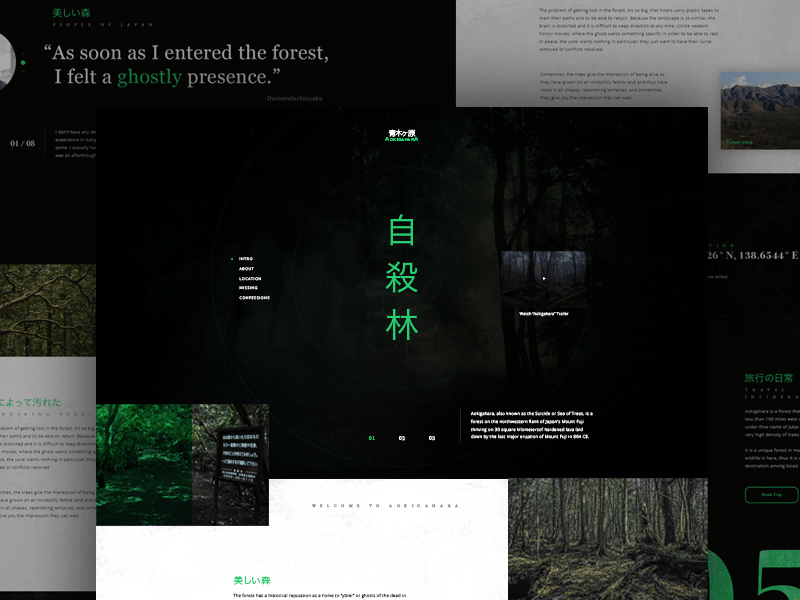 Aokigahara 青木ヶ原 dark exploded grid forest green grid japanese mocktober mockup web white space