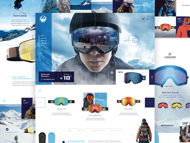 Dragon Goggles Concept Full dragon goggles grid hero home page landing mockup motion skiiing snowboarding video