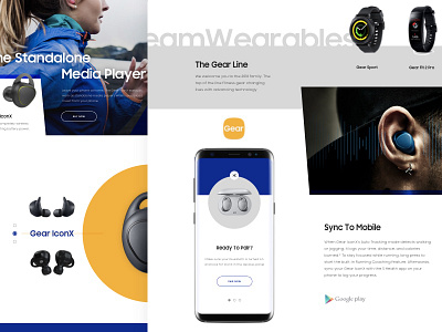 Gear IconX Preview blue earbuds grid headphones layout minimal mockup samsung tech yellow