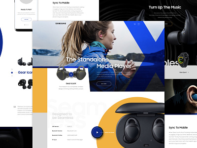 Gear Icon X Concept Full blue earbuds grid headphones layout minimal mockup samsung simple sketch tech yellow