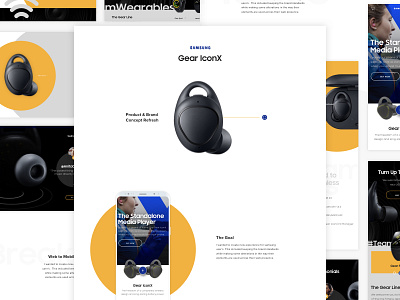 Gear Icon X Concept Breakdown blue earbuds grid headphones layout minimal mockup samsung tech yellow