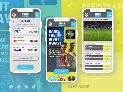 Zipps Casino Mobile app apps application blue blue and yellow casino deposit gambling grid interface live sports mobile mockup ui ux