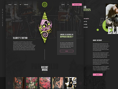 Elliott's Tattoo WIP green grid hero banner layout mockup outlines pink sketch app tattoo ui ux web design website