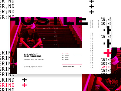 Grind & Hustle T&L E 1 color blocking font usage grid construction hustle grind layout exploration open layout text styling white space