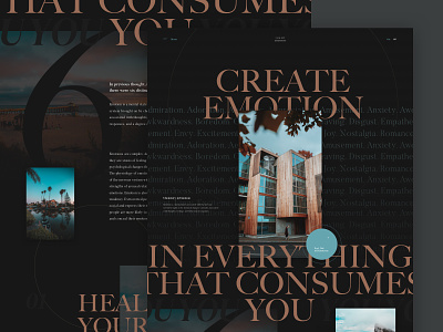 CREATE EMOTION colors palette dark theme elegant design grid layout imagery layout exploration serif fonts sophisticated typography ui ux web design