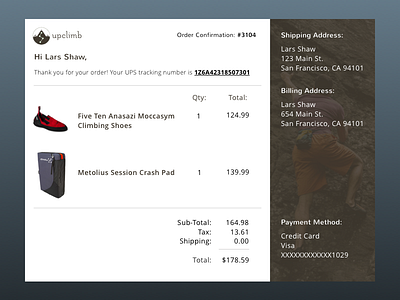 DailyUI - #017 - Email Receipt bouldering climbing shoes crash pad dailyui email receipt rock climbing