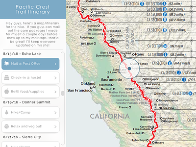 DailyUI - #079 - Itinerary 079 apple bed california dailyui itinerary mailbox map nevada smiley trail map tree