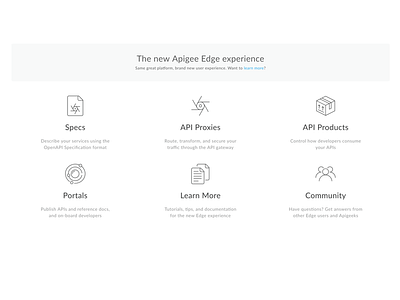 New Apigee Edge - Welcome Screen api box community doc learn portal products proxy specs welcome screen