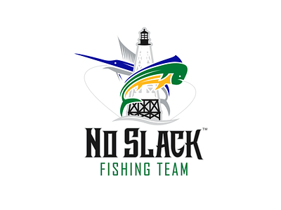 No Slack Fishing Team Logo alligator lighthouse branding deep sea fishing logo logo design mahi mahi sailfish swordfish