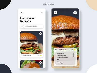 Recipe 040 app burger dailyui dailyui040 design graphic design hamburger mobile mobile design recipe recipe app ui
