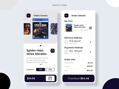 Shopping Cart 058 app cart checkout dailyui dailyui058 design ecommerce gaming graphic design miles morales mobile mobile design shopping cart spider man spider man ui video games
