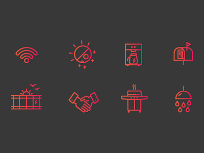 Icons for a coworking space 247 address balcony bbq coffee gradient icon icons meeting room shower wifi