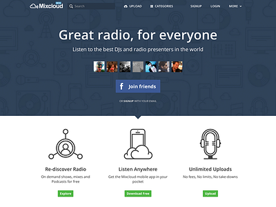 Homepage audio friends homepage interface listen mixcloud radio ui