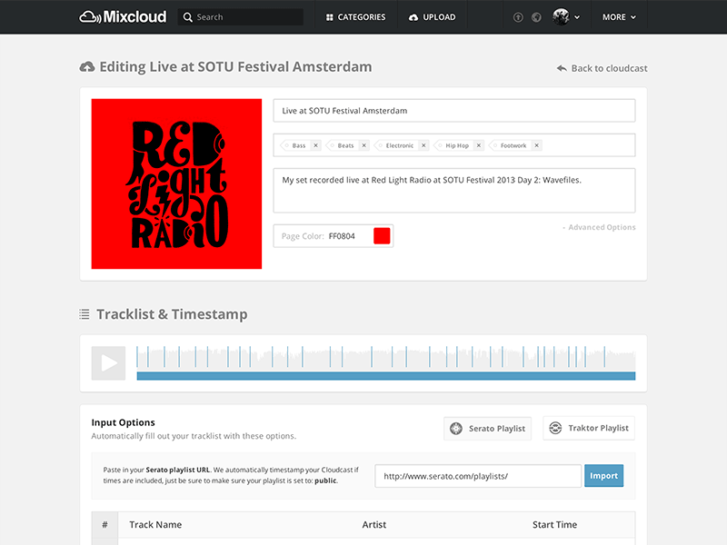 Upload / Edit animation audio edit import listen mixcloud music play timestamp tracklist upload waveform