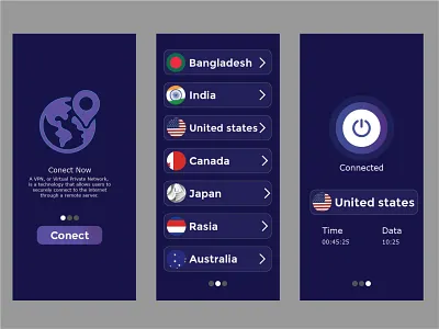 VPN ui desgin in adobe xd. Android App Development androidapp anonymity confidentiality cybersecurity easynavigation encryption internetfreedom mobiledesign networkconnectivity onlinesecurity privacy protection safebrowsing security ui userexperience userfriendly ux virtualprivatenetwork vpn