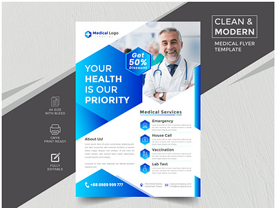 Clean and Modern Medical Flyer design Template blue clinec cyan flyer design graphic design health healthcare hospital medical flyer