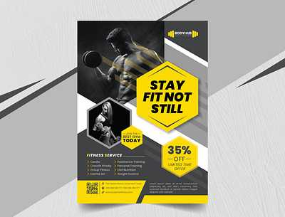 Fitness/Gym Flyer Design Template amazing black cool flyer fitness and gym fitness flyer flyer design graphic design gym flyer minimal simple sports sports flyer yellow yoga