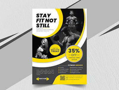 Fitness/Gym Flyer Design Template black design fitness fitness and gym flyer flyer design gym minimal print template simple sports yellow yoga