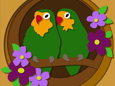 Lovebirds with purple flowers in paper cut style