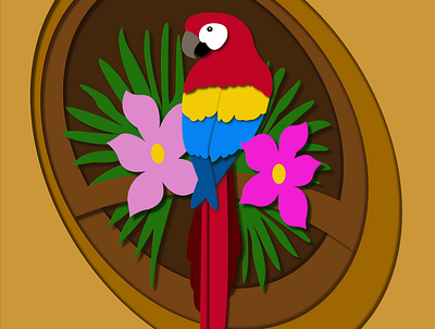 Macaw parrot with pink flowers in paper cut style blue and red ara flowers illustraion leaves macaw macaw parrot paper cut papercut parrot pink red red parrot vector
