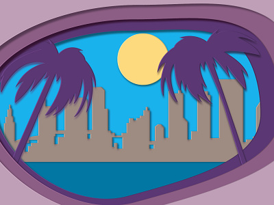 Noon view at palms and beach city in paper cut style afternoon azure beach city illustration landscape palm palms paper cut papercut purple sun vector