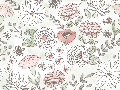 Floral pattern floral green illustration pattern pink seamless taupe watercolor