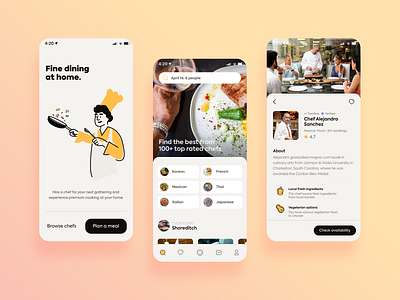 Book a Private Chef app concept app design app ui cook explore illustration intro profile