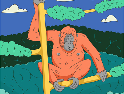 Bornean orangutan animal jungle monkey nature outline summer tree vector