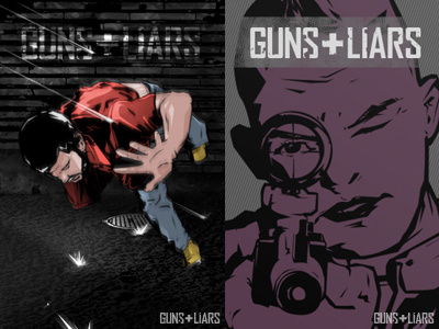Guns+Liars action aiming art away dark escape guns illustration liars motion night panic purple run running shooting shots show sniper vector